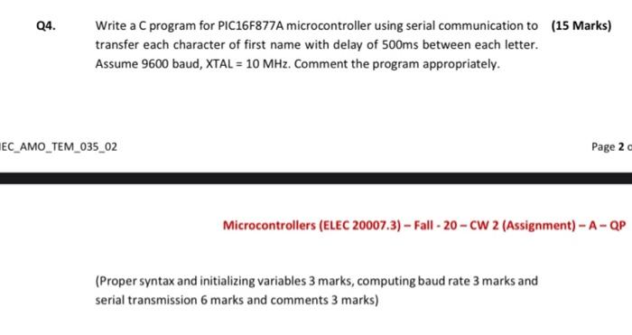 Q4. Write a C program for PIC16F877A microcontroller | Chegg.com