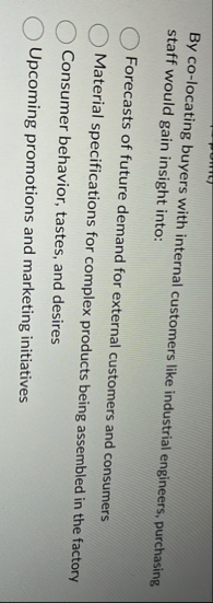 [Solved]: By co-locating buyers with internal customers like