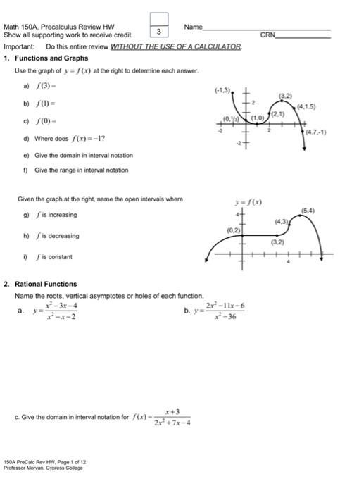 Solved Name 3 CRN Math 150A, Precalculus Review HW Show all | Chegg.com