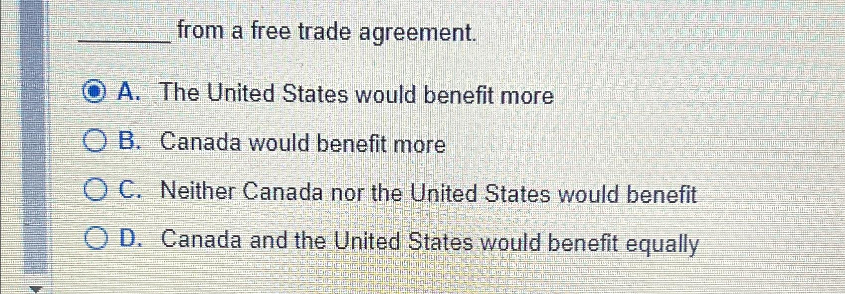 Solved from a free trade agreement.A. ﻿The United States