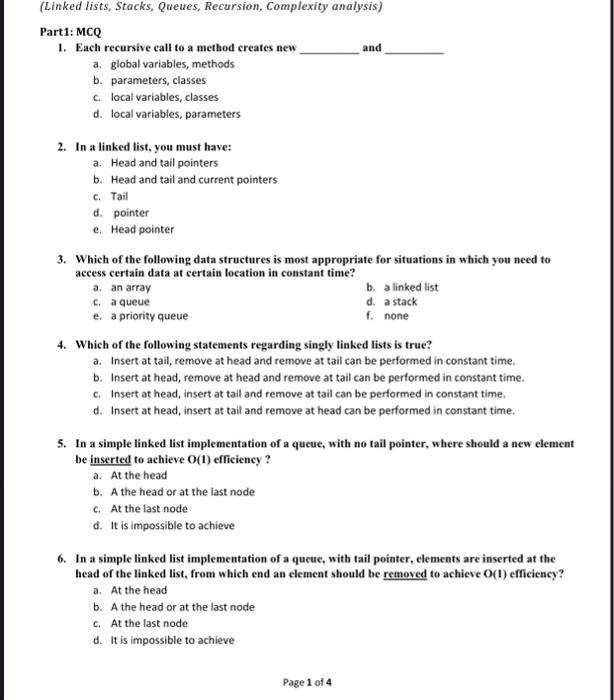 Solved and (Linked lists, Stacks, Queues, Recursion, | Chegg.com