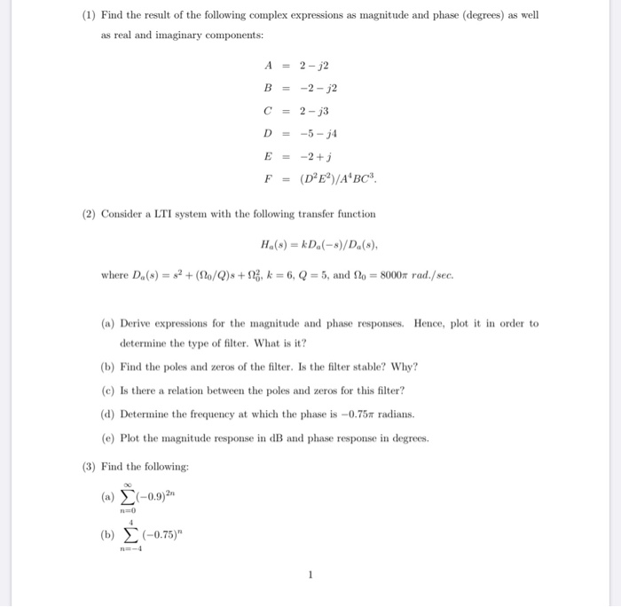 Solved (1) Find The Result Of The Following Complex 