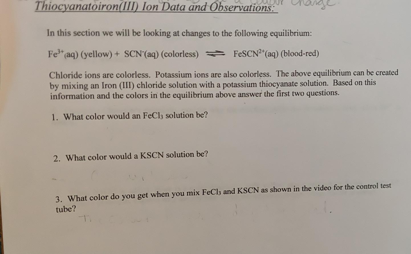 Solved Thiocyanatoiron(III) Ion Data and Observations: In | Chegg.com