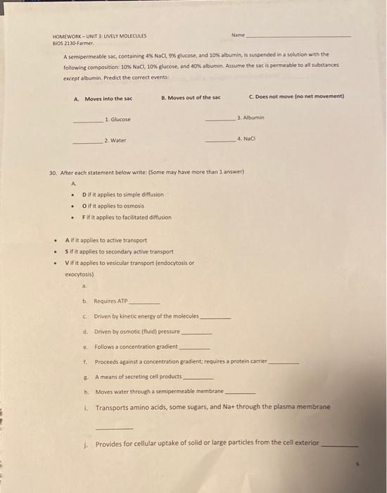 Solved Name HOMEWORK-UNIT 3 LIVELY MOLECULES BIOS | Chegg.com