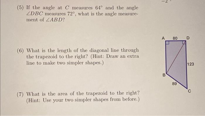 Solved (5) If the angle at C measures 64º and the angle ZDBC | Chegg.com