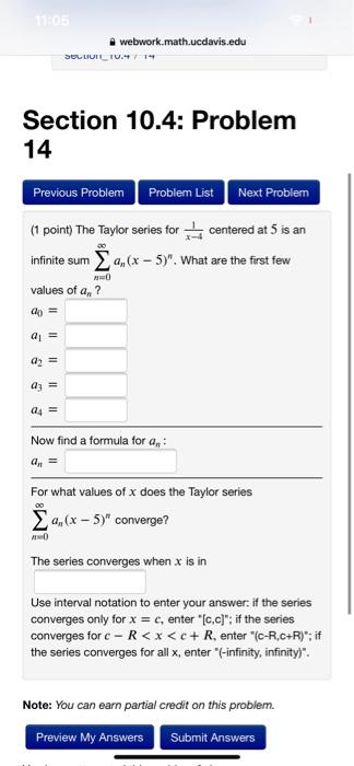 Solved 10 Webwork.math.ucdavis.edu SELLIUIL101 Section 10.4: | Chegg.com