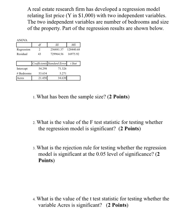 Solved A Real Estate Research Firm Has Developed A | Chegg.com