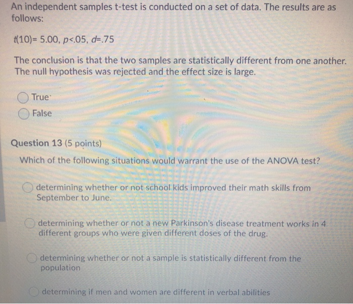 Solved An Independent Samples T-test Is Conducted On A Set | Chegg.com