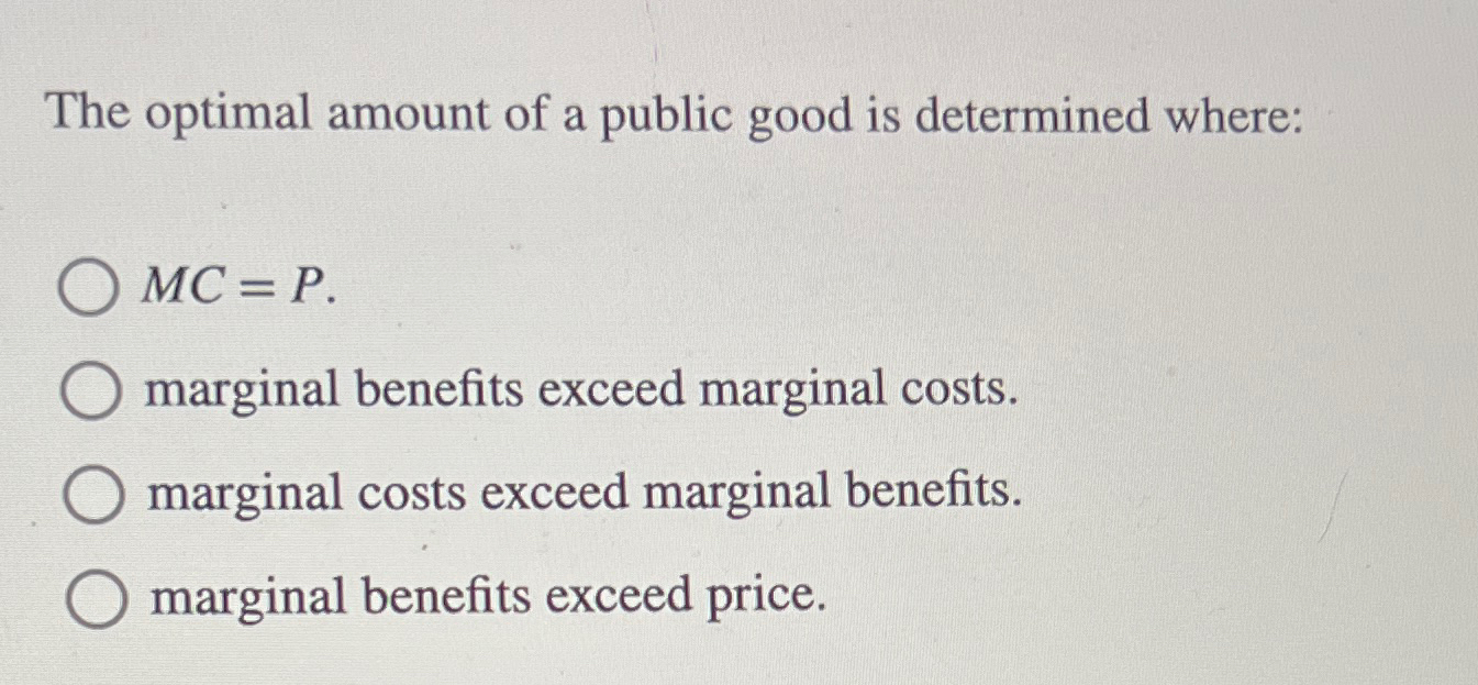 Solved The optimal amount of a public good is determined | Chegg.com