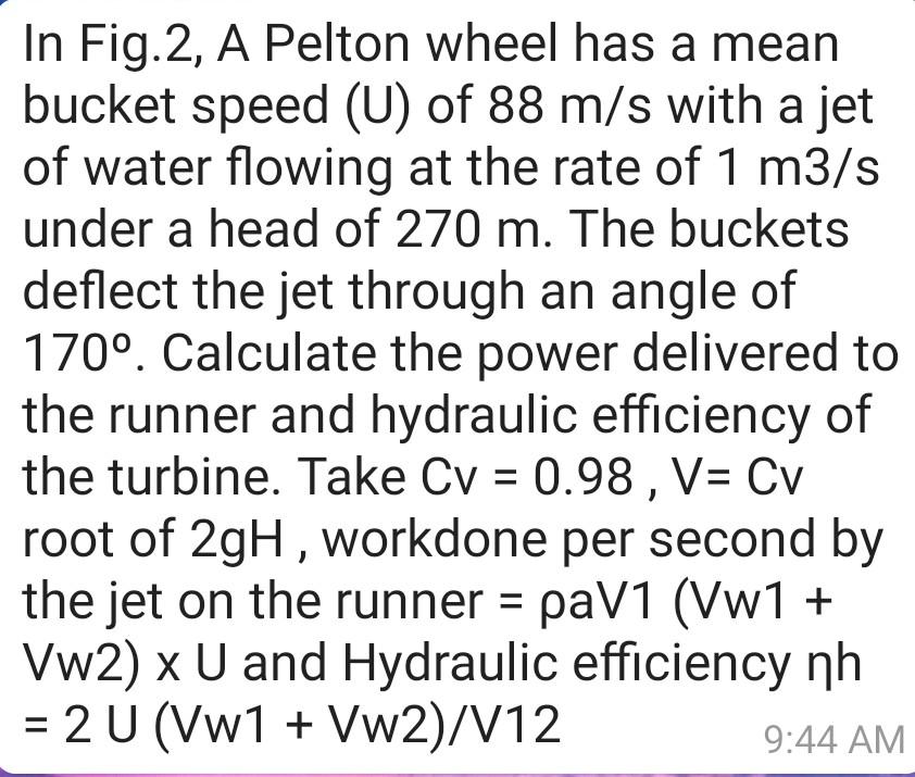 Solved In Fig.2, A Pelton wheel has a mean bucket speed (U)