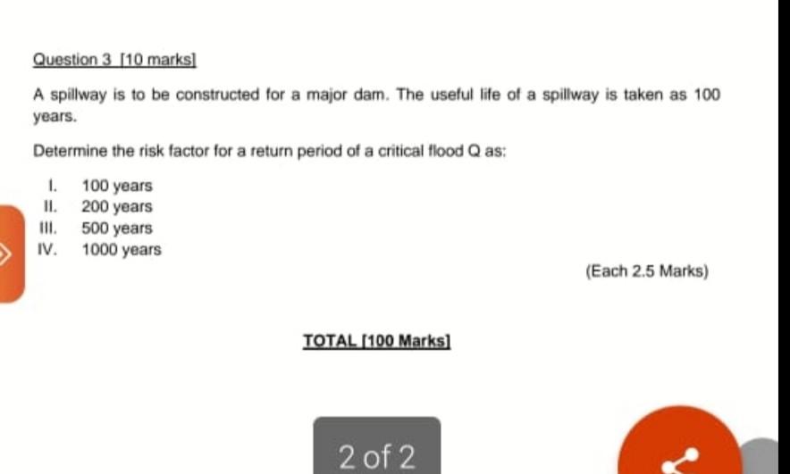 Solved Question 3 [10 marks] A spillway is to be constructed | Chegg.com