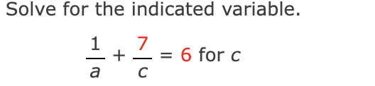 Solved Solve for the indicated variable.1a+7c=6 ﻿for c | Chegg.com