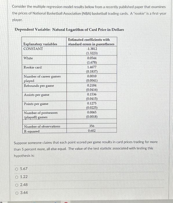 Solved Consider The Multiple Regression Model Results Below | Chegg.com