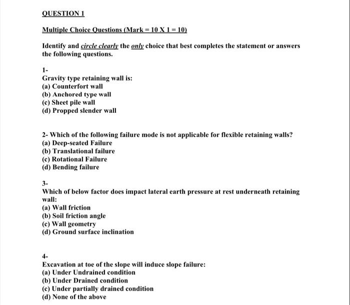 Solved QUESTION 1 Multiple Choice Questions (Mark = 10 X 1 = | Chegg.com
