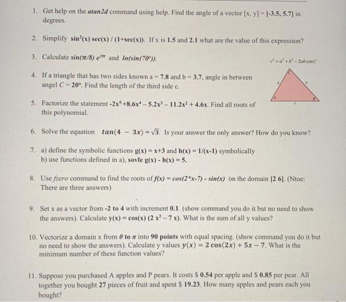 Solved 1. Get help on the atan2d command using help. Find | Chegg.com
