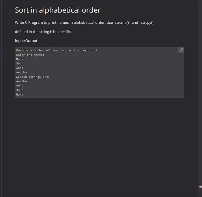 Solved Sort in alphabetical order Write C Program to print | Chegg.com
