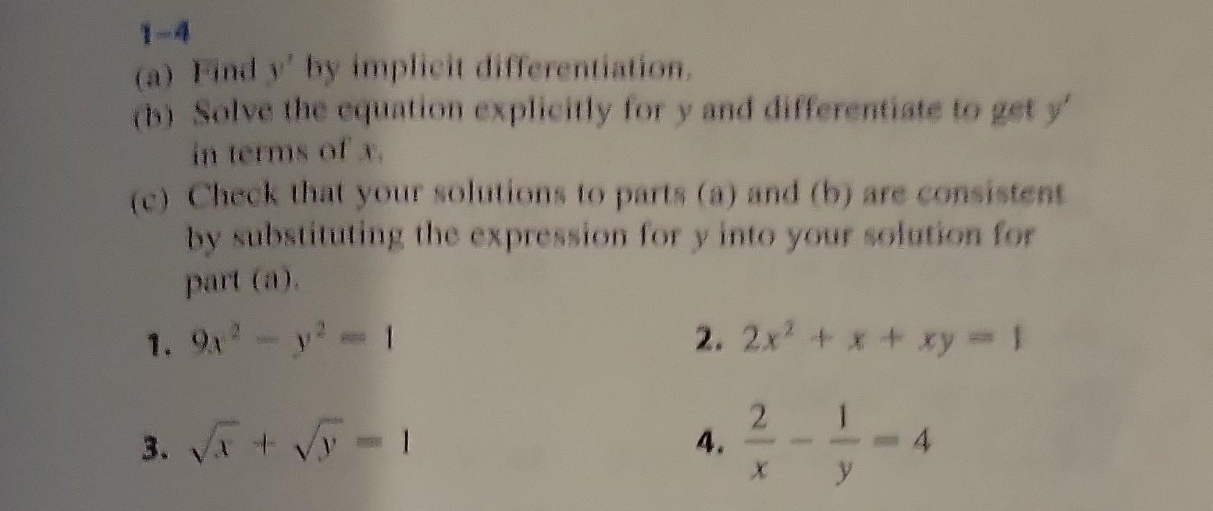 Solved 1−4 (a) Find Y' By Implicit Differentiation. (b) | Chegg.com