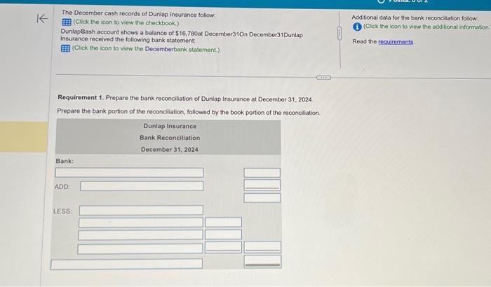 Solved The December cash records of Dunlap insurance follow: | Chegg.com