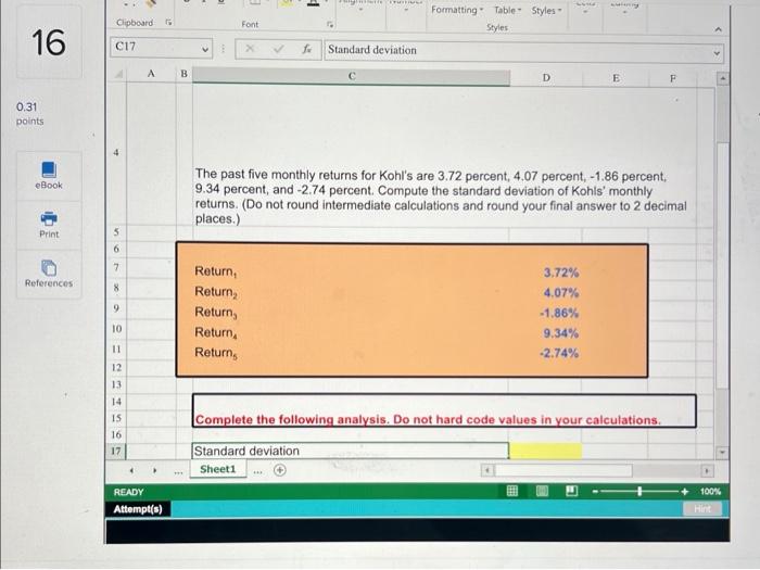 Solved The past five monthly returns for Kohl's are 3.72