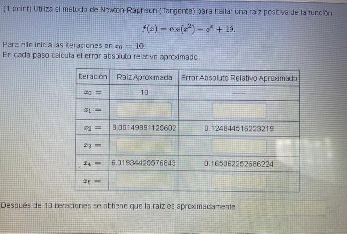 (1 point) Utiliza el metodo de Newton-Raphson (Tangente) para hallar una raiz positiva de la función \[ f(x)=\cos \left(x^{2}