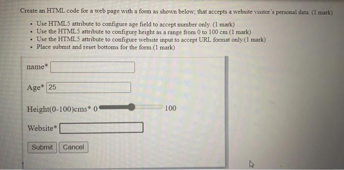 Solved Create an HTML code for a web page with a form as | Chegg.com