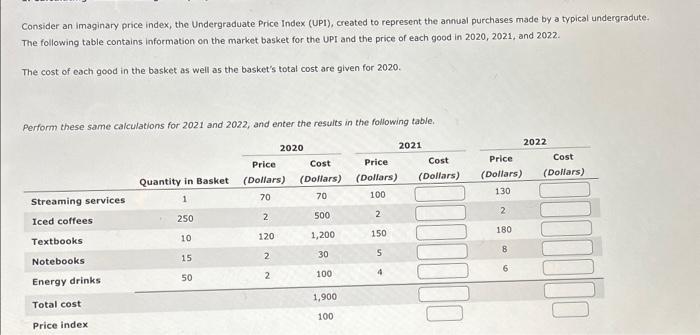 Consider an imaginary price index, the Undergraduate Price Index (UPI), created to represent the annual purchases made by a t