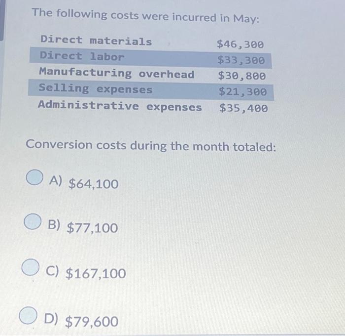 Solved The following costs were incurred in May: Conversion | Chegg.com