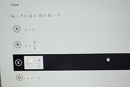 Solved Solve4x-5+2x+10=3x-3x=2x=89x=-83x=-1 Chegg