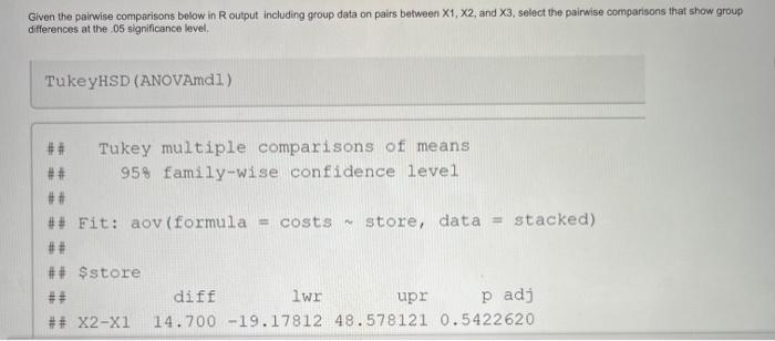Solved Given the pairwise comparisons below in R output | Chegg.com