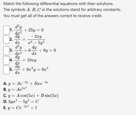 Solved Match the following differential equations with their | Chegg.com