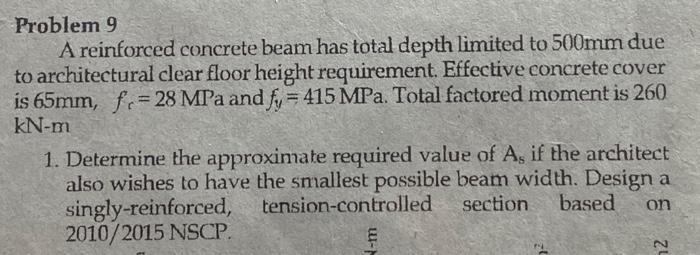 Solved A Reinforced Concrete Beam Has A Width Of 310mm And An