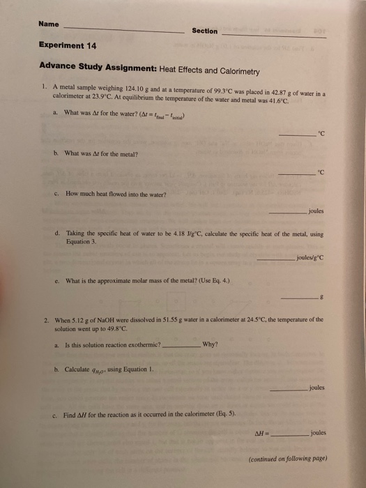 Solved Name Section Experiment 14 Advance Study Assignment: | Chegg.com