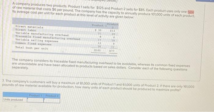 Solved A Company Produces Two Products. Product 1 Sells For | Chegg.com