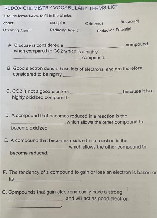 Solved REDOX CHEMISTRY VOCABULARY TERMS LIST Use the terms