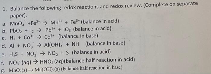 Solved 1. Balance The Following Redox Reactions And Redox 