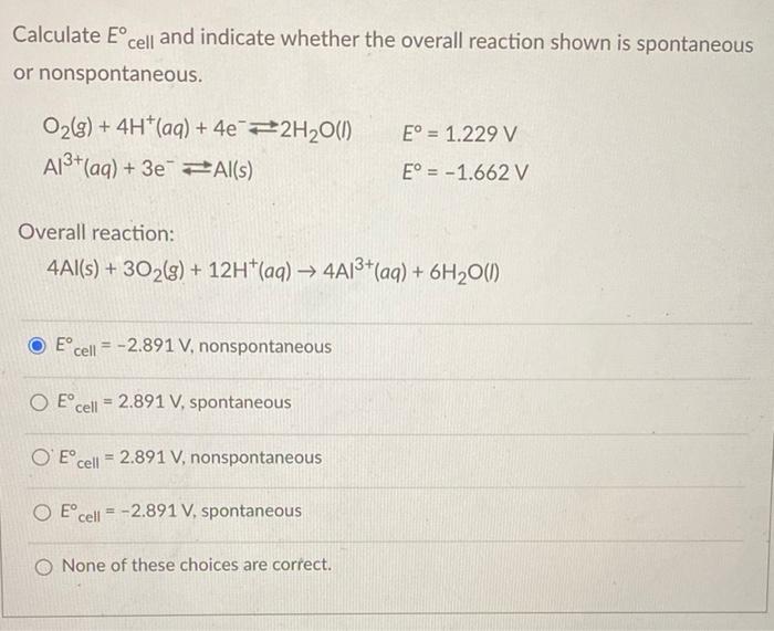 Solved Calculate Eºcell And Indicate Whether The Overall Chegg Com