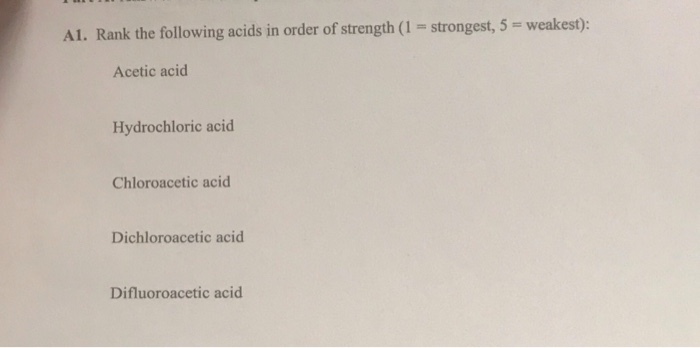 Solved A1. Rank the following acids in order of strength (1 | Chegg.com