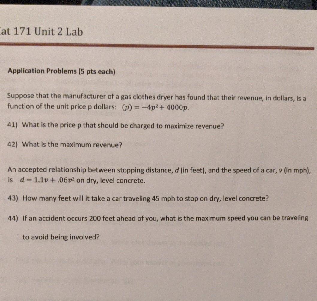 Solved Mat 171 Unit 2 Lab Please print and complete this | Chegg.com
