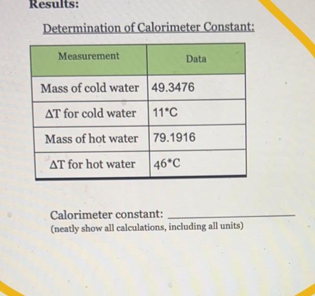 Solved Determination of Calorimeter Constant Calorimeter