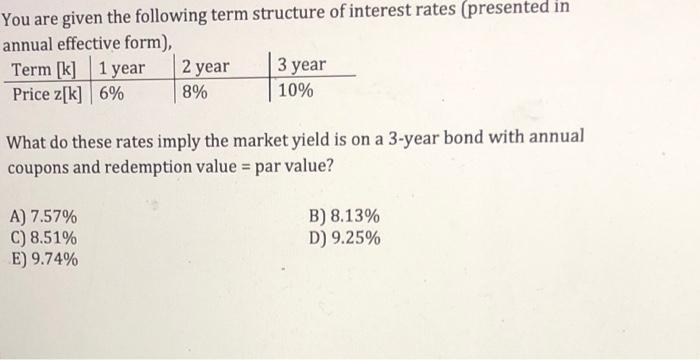 Solved You are given the following term structure of | Chegg.com