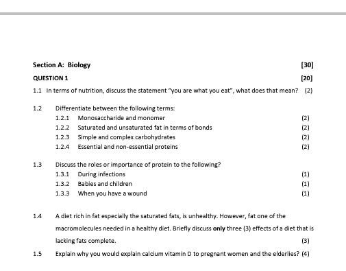 Solved Section A: Biology (30) QUESTION 1 (20) 1.1 In terms | Chegg.com