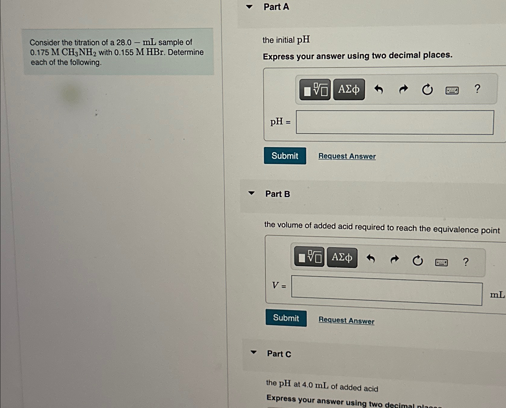 Solved Part AConsider the titration of a 28.0-mL ﻿sample of | Chegg.com