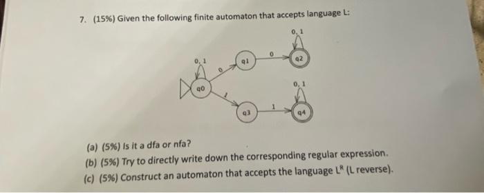 Solved 7. (15\%) Given the following finite automaton that | Chegg.com