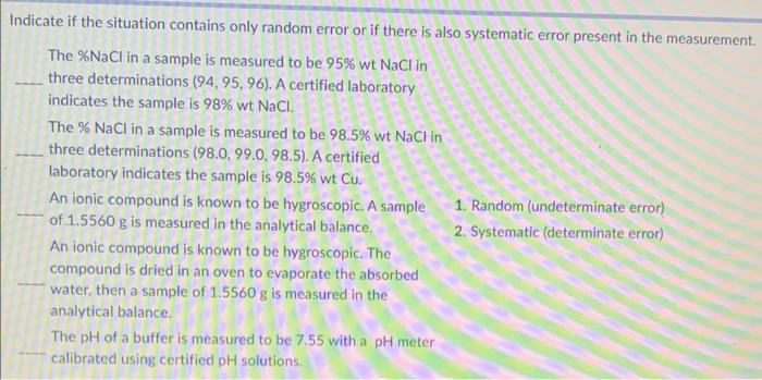 Solved Indicate if the situation contains only random error | Chegg.com