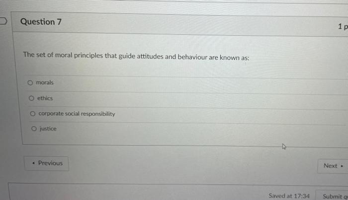 Solved Question 7 1 1 p The set of moral principles that | Chegg.com