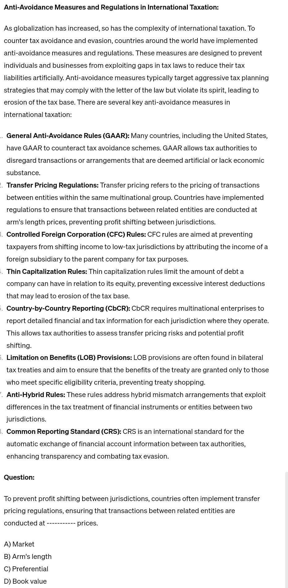 Solved AntiAvoidance Measures and Regulations in
