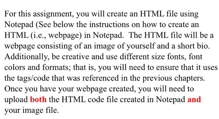 Solved For this assignment, you will create an HTML file | Chegg.com