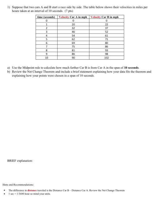 Solved 1) Suppose That Two Cars A And B Start A Race Side By | Chegg.com