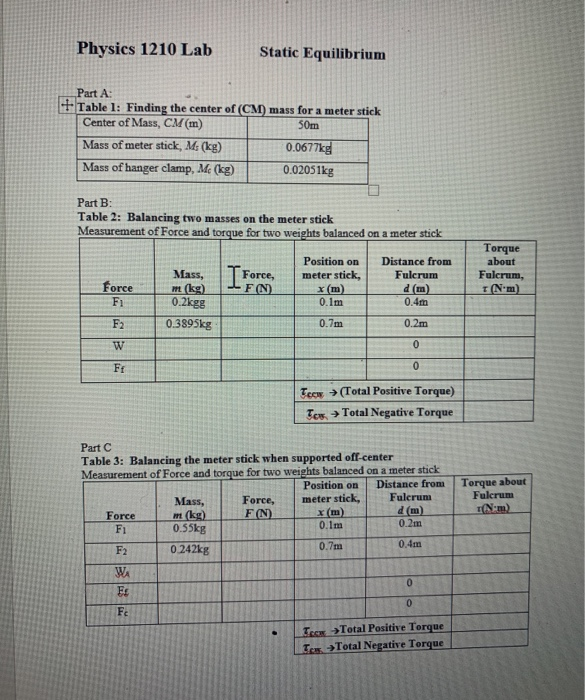 Physics 1210 Lab Static Equilibrium Part A + Table