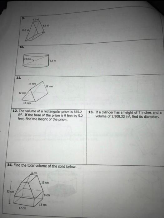 9. 25 10. 11. 17 mun 12 mm 12 12. The volume of a Chegg